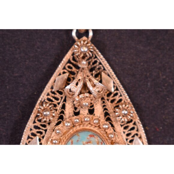 Vtg Large 925 Sterling Silver Filigree Pendant w/Blue Stone & Dangles - Picture 4 of 9